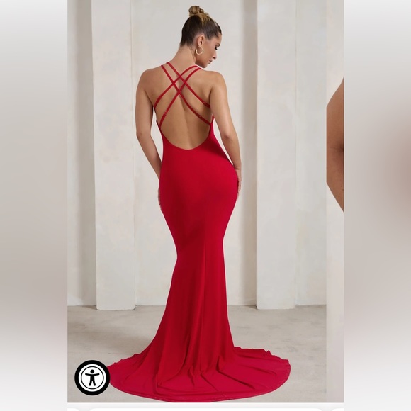 Club L Lucky Day Red Crossover Back Fishtail Maxi Dress - Picture 3 of 4